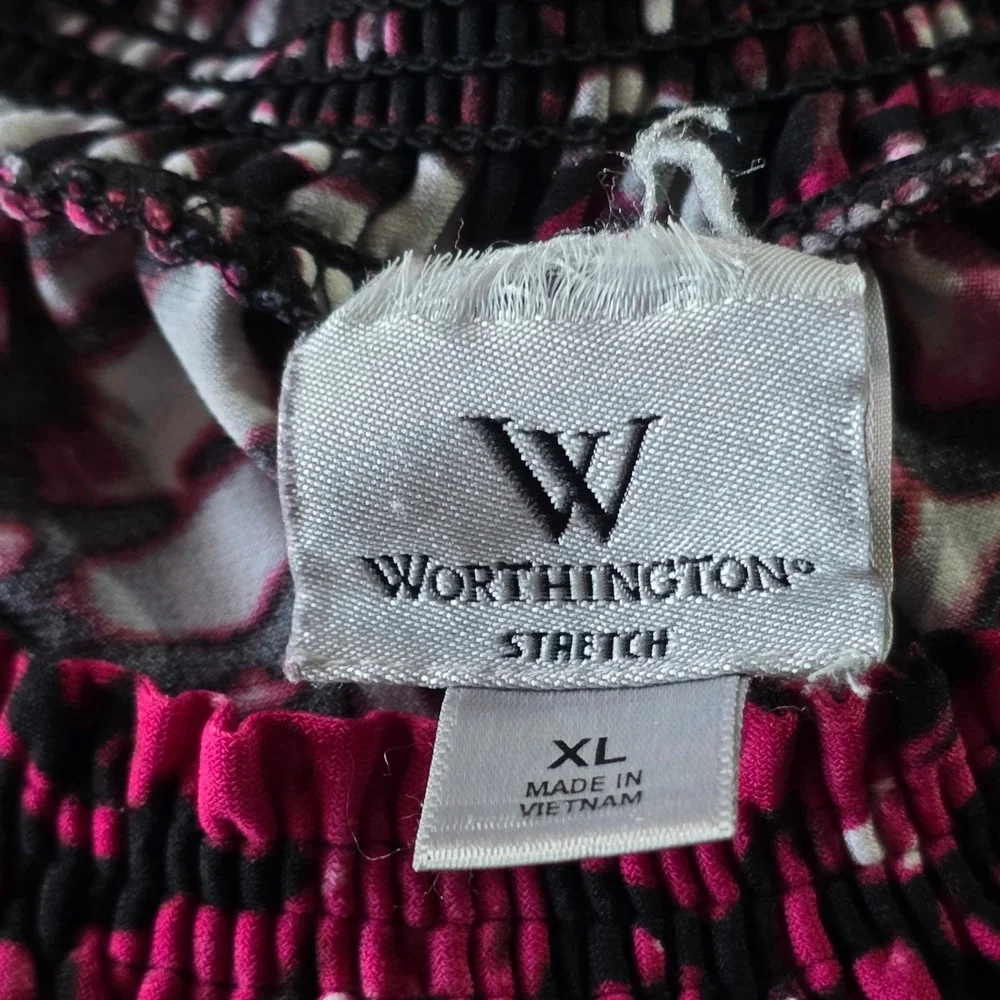 Worthington Stretch‎ Pink Abstract Floral Smocked Blouse XL Off Shoulder Top